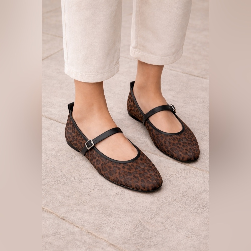 H&M Brown Leopard Print Mary Jane Flats with Black Strap